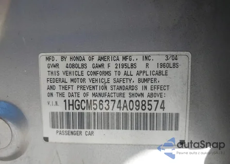 2004 Honda Accord 2.4 Lx from USA, damaged, VIN 1HGCM56374A098574